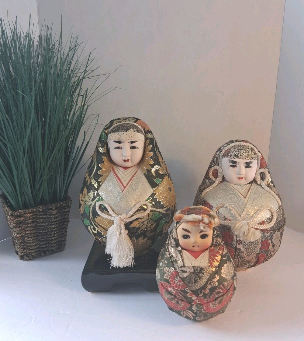 Vintage Hime Daruma Wedding Dolls Set of 3 - Roly Poly Kimono, No Cracks